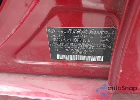 2012 Hyundai Sonata Se 2.0T from USA, damaged, VIN 5NPEC4AB8CH452368